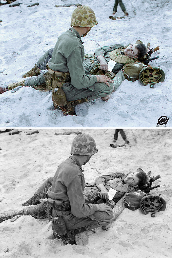 A U.S. Navy Hospital Corpsman Takes Down The Information Of A U.S. Marine Of The 1st Marine Division Who Was Killed On The Beach Of Peleliu During The American Landings Of The Battle Of Peleliu (Operation Stalemate II)