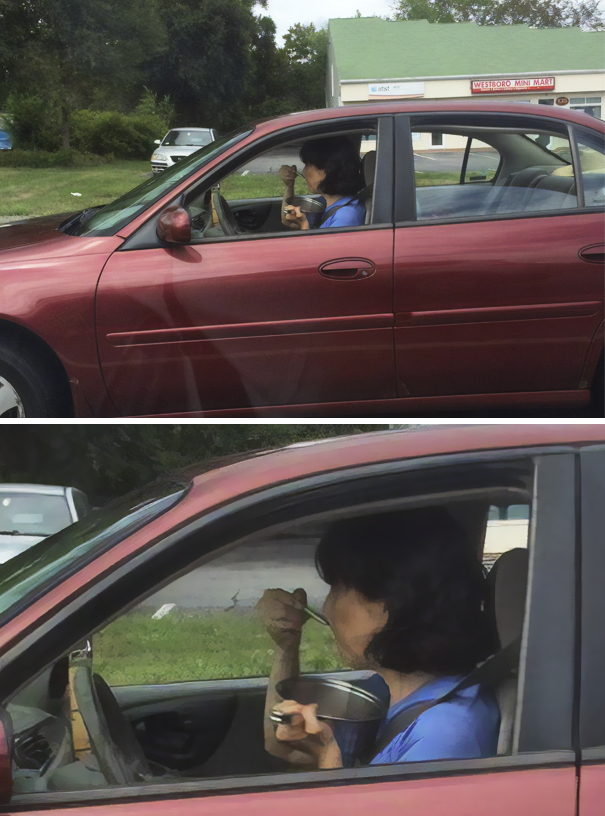 Yes, She's Eating From A Pot While Driving