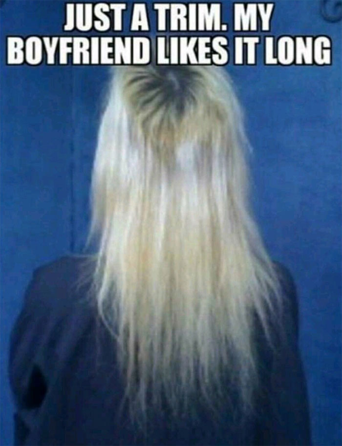 Hairstylist meme: Haircut showing uneven layers with text about only wanting a trim.