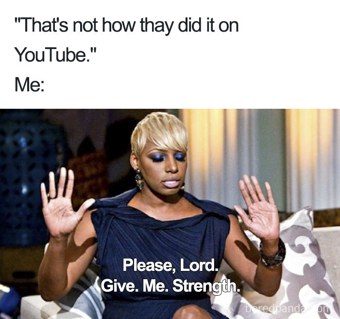 A woman raising hands with text overlay: "Please, Lord. Give. Me. Strength." Humor related to hairstylist struggles.