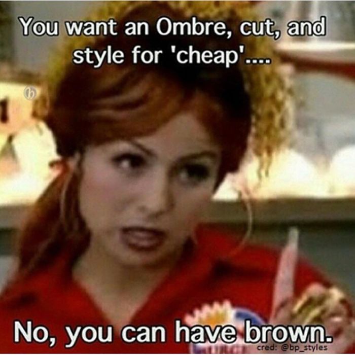 Woman in meme humorously denying a cheap fancy hairstyle request, referencing hairstylists.