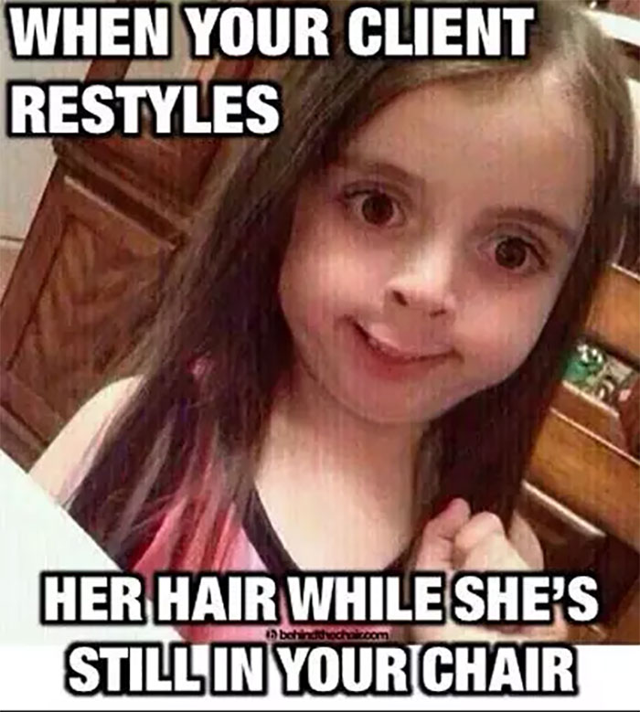 A humorous meme of a girl with an awkward smile, reflecting hairstylist challenges.