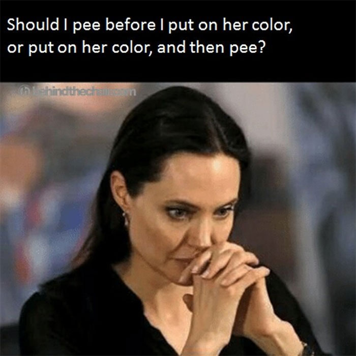 A woman contemplating, with text overlay about hairstylist dilemmas.