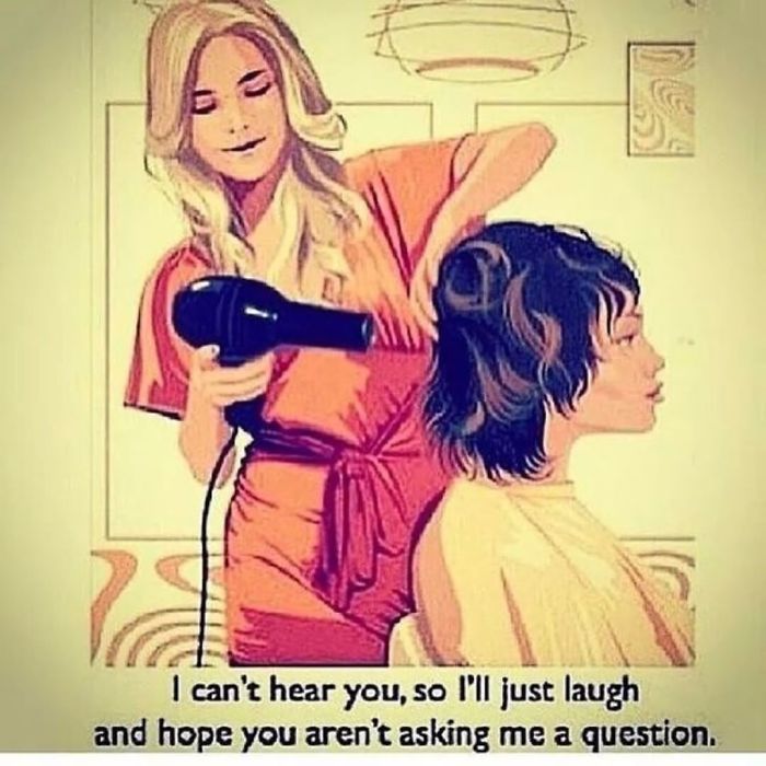 Hairstylist meme showing a woman blow-drying a client's hair with a humorous caption about not hearing questions.