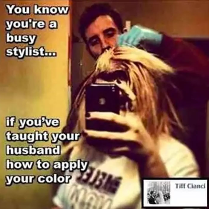 Man dyes woman's hair at home, showcasing a funny hairstylist meme.