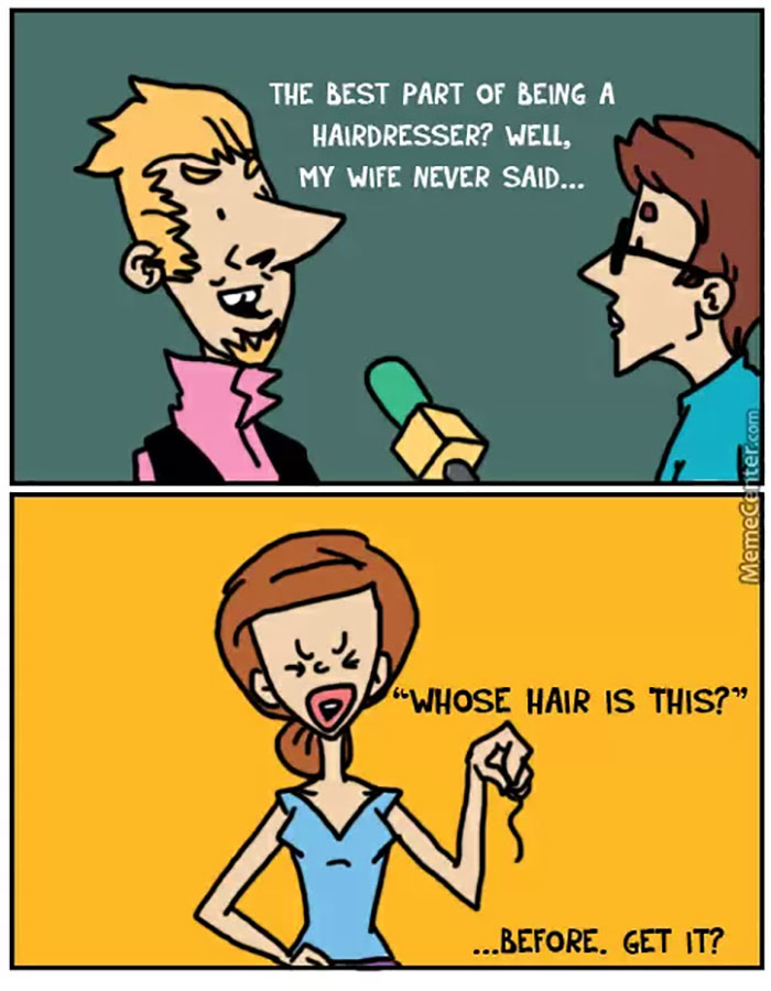 Cartoon with hairstylist jokes: a man being interviewed and a woman holding a hair strand, looking surprised.