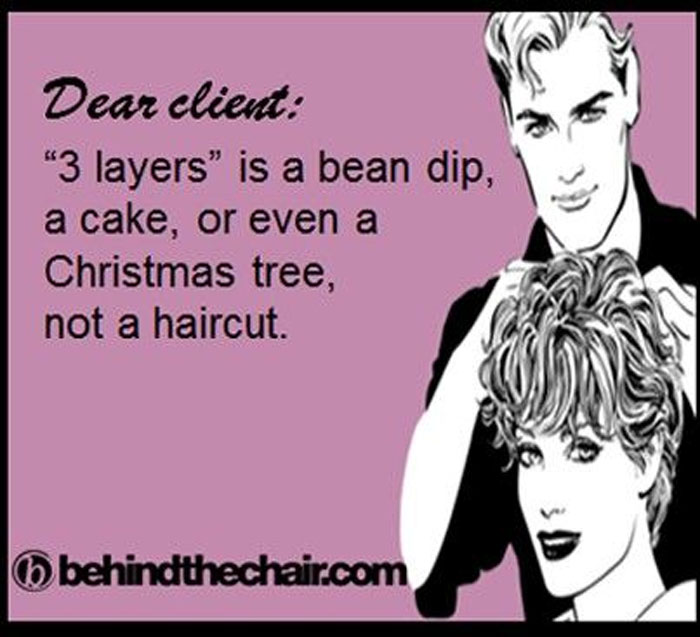 Hairstylist meme about "3 layers" being food or decor, not a haircut, with retro illustration of two people.