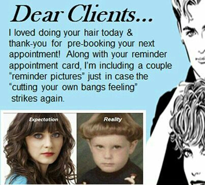 "Funny hairstylist meme with expectation vs reality haircut comparison, humorous message to clients."