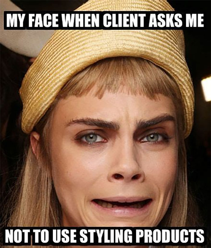 Woman making a funny face with text about hairstylist challenges.