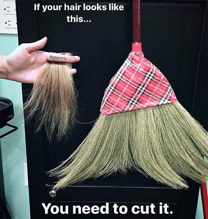 A hand holds hair resembling a broom, humorously linked to feeling bad for your hairstylist.