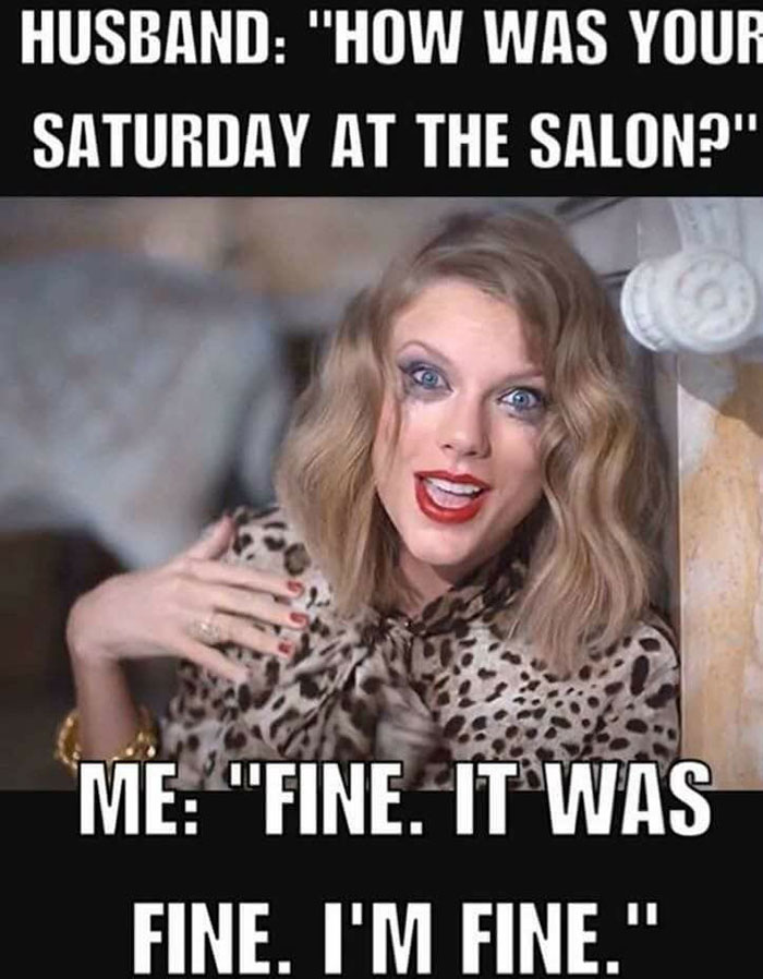 Woman with surprised expression in meme about a visit to the hairstylist.