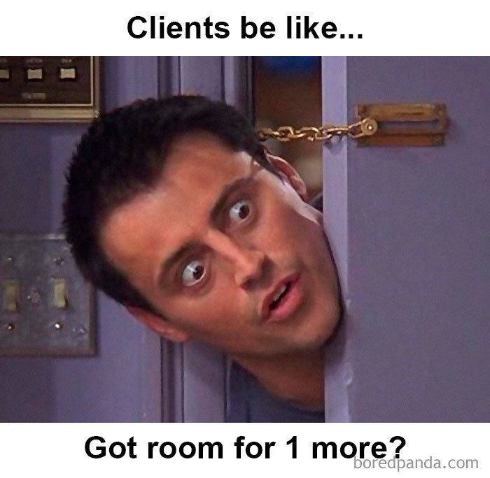 Hairstylist meme showing a man peeking through a chained door with surprised eyes.