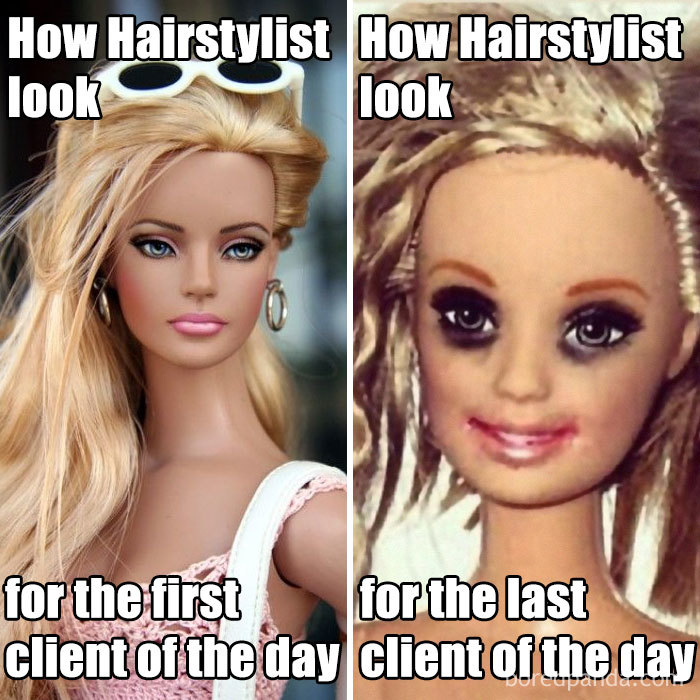 Side-by-side comparison meme highlighting hairstylist's look at the start and end of the day, using doll images.