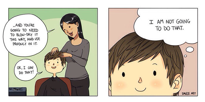 A hairstylist explaining hair care while a client thinks about ignoring the advice, highlighting hairstylist challenges.