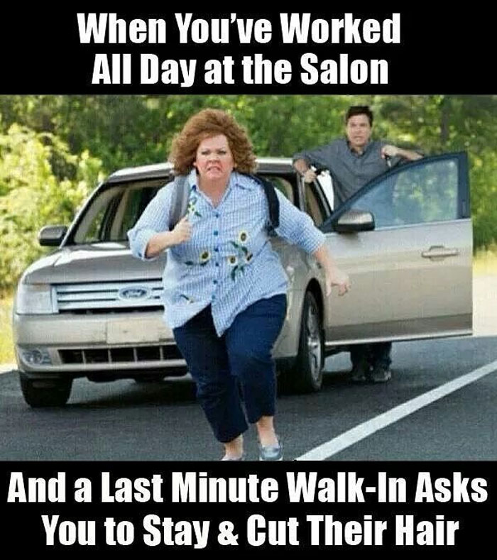 Woman running away from a car on a road, humorous meme about hairstylists dealing with last-minute clients.