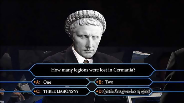 Ancient Roman meme showing statue with quiz on legions lost in Germania in a humorous history meme format