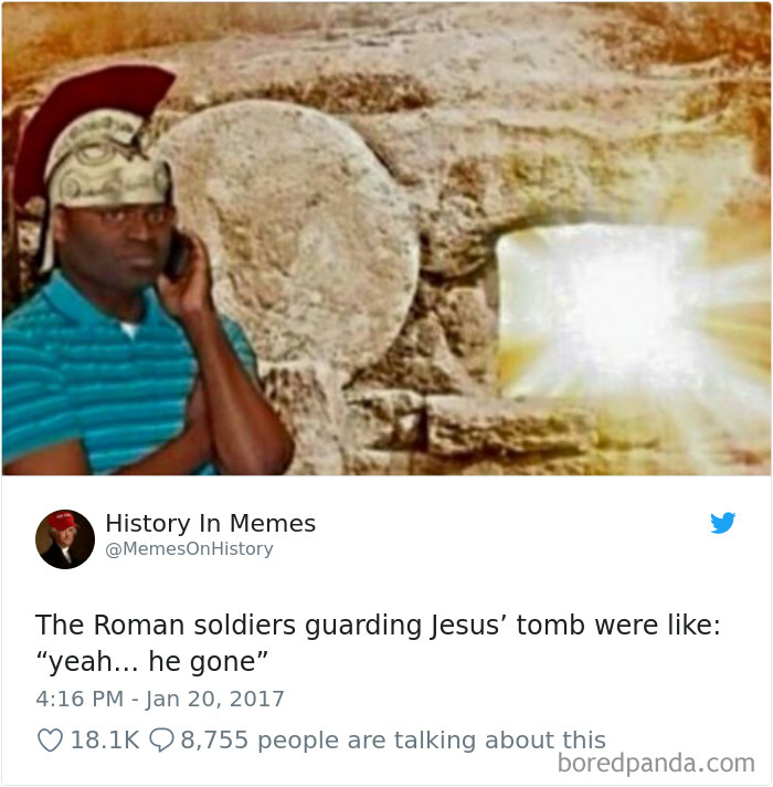 Roman soldier meme beside empty tomb glowing with light, illustrating ancient Roman memes humor and history lessons.