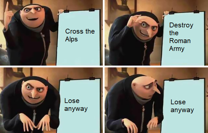 Gru from Despicable Me presenting a Roman meme about crossing the Alps and losing despite destroying the Roman army.