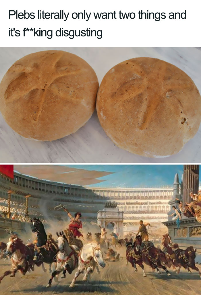 Two Roman bread loaves with chariot racing scene below, a humorous take on Ancient Roman memes and history.