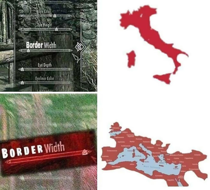 Ancient Roman memes showing border width settings and maps highlighting the Roman Empire's territorial extent.