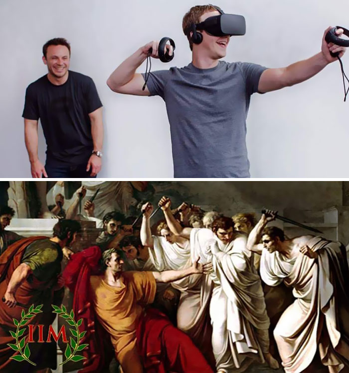 Two men enjoying virtual reality and a historical depiction of Roman senators, illustrating ancient Roman memes humor concept.