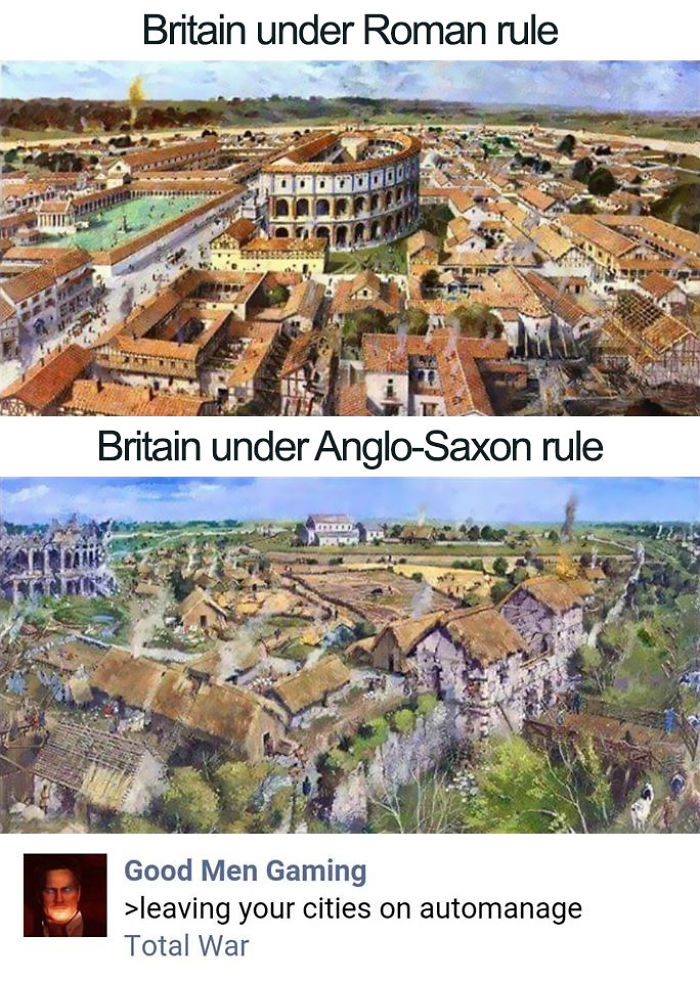 Comparison of Britain under Roman rule with advanced cities versus Anglo-Saxon rule with rural villages in ancient Roman memes.