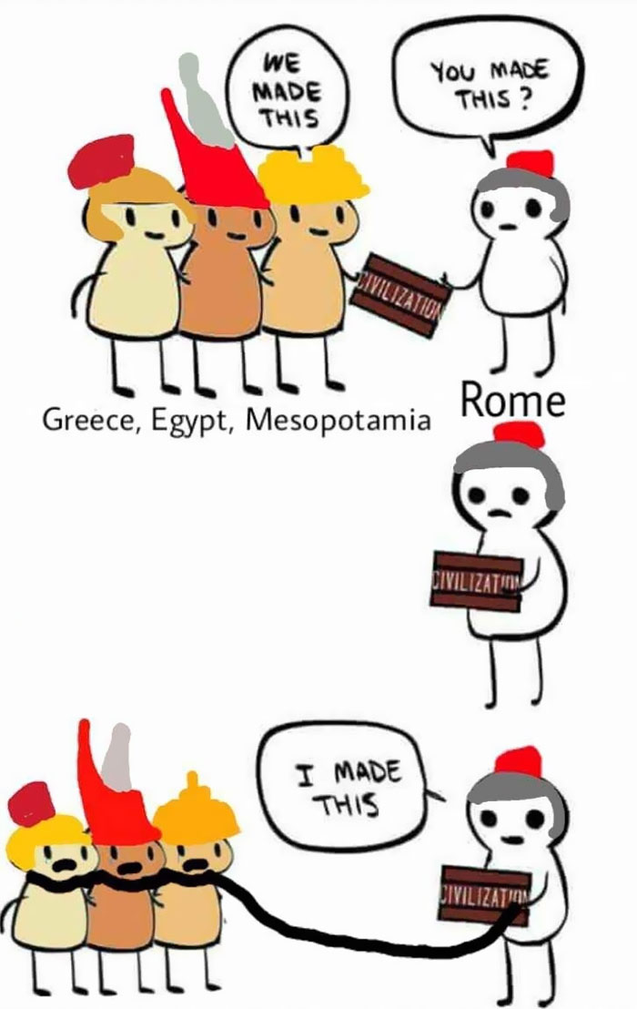 Cartoon meme showing Ancient Roman meme with Rome claiming to have made civilization after Greece, Egypt, and Mesopotamia.