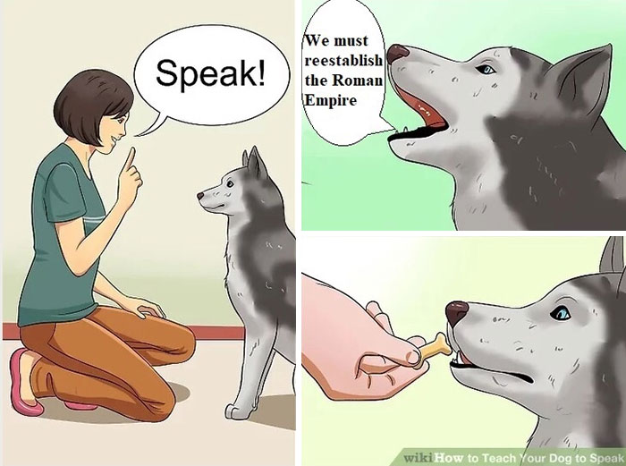 Woman teaching dog to speak with funny ancient Roman memes about the Roman Empire in a cartoon style.