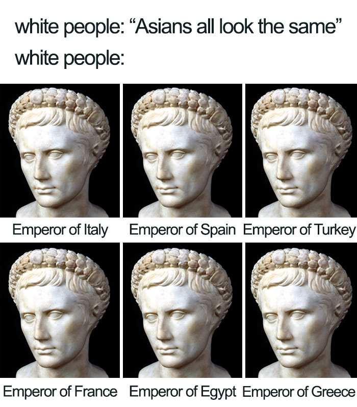 Ancient Roman meme showing identical busts labeled as emperors of different countries, highlighting historical humor.