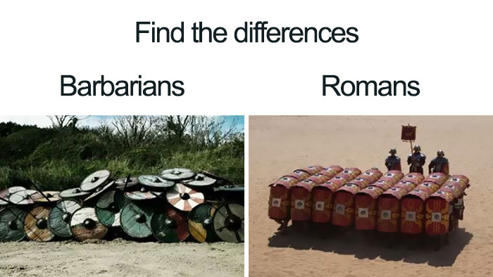 Comparison of barbarian and Roman shield formations illustrating ancient Roman memes about history and warfare.
