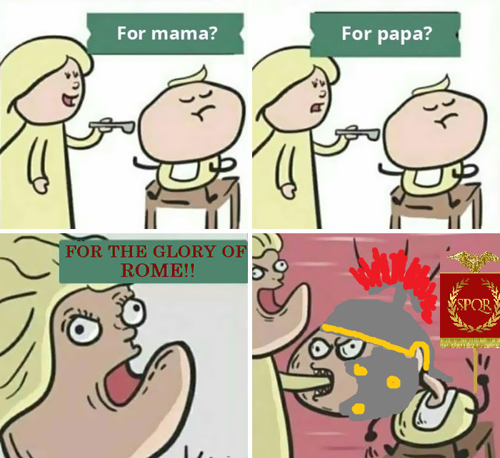 Cartoon baby and mother with Ancient Roman soldier helmet, referencing glory of Rome in a humorous ancient Roman memes style.