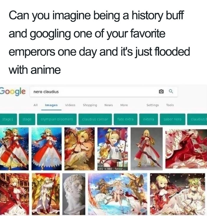 Search results for Nero Claudius flooded with anime images illustrating Ancient Roman memes humor in history context.