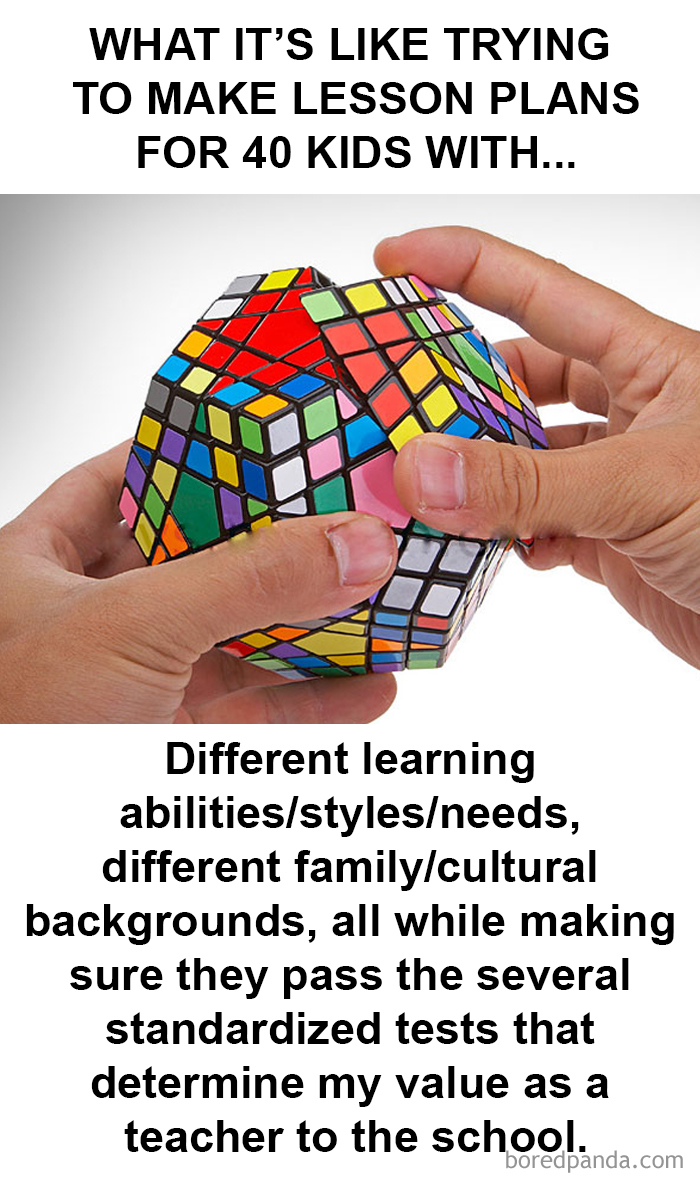 Teacher meme illustrating the complexity of creating lesson plans, shown with hands holding an intricate Rubik's Cube.