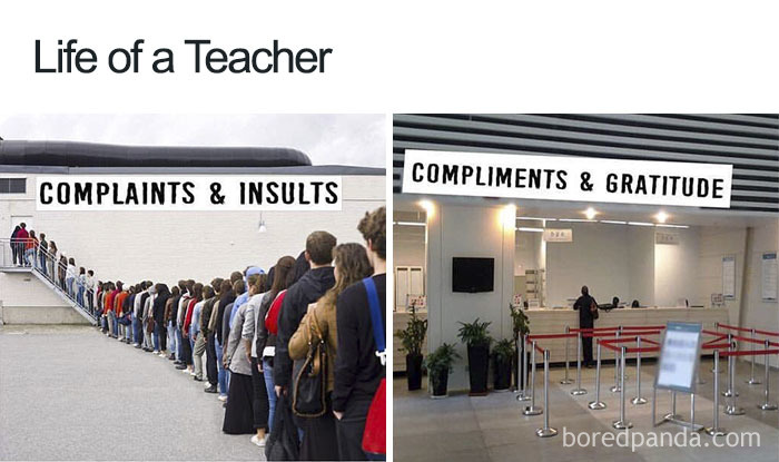 Teacher meme: Long line under "Complaints & Insults," empty line under "Compliments & Gratitude," highlighting educator hardships.