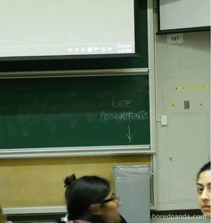 Chalkboard with "Late Assignments" written above a trash can, humorously depicting teacher hardships.