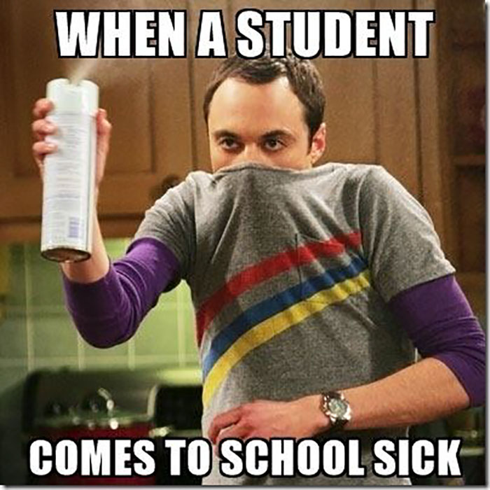 Man humorously using spray can, covering face, depicting teacher memes about student coming to school sick.