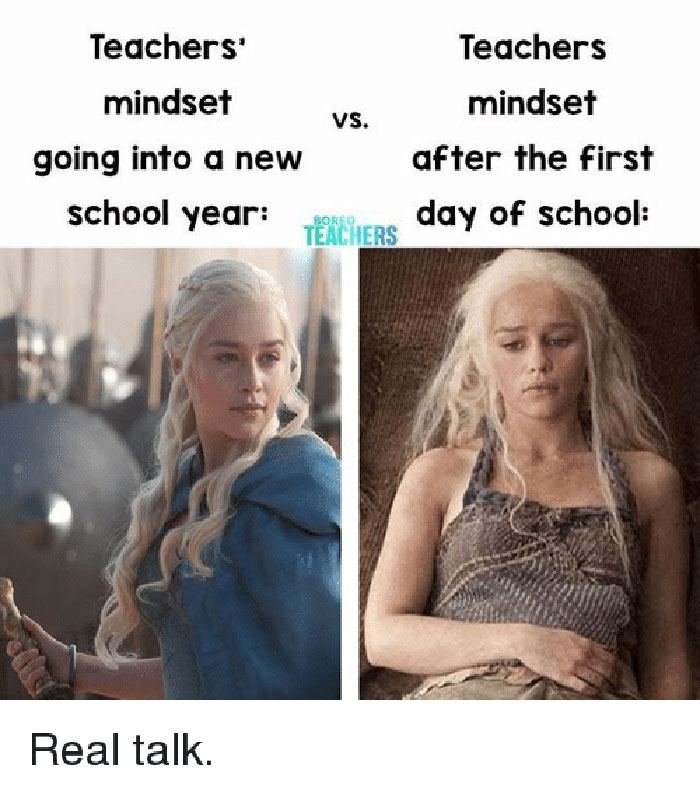 Teacher memes showing contrasting mindsets of educators at the start and after the first day of school.