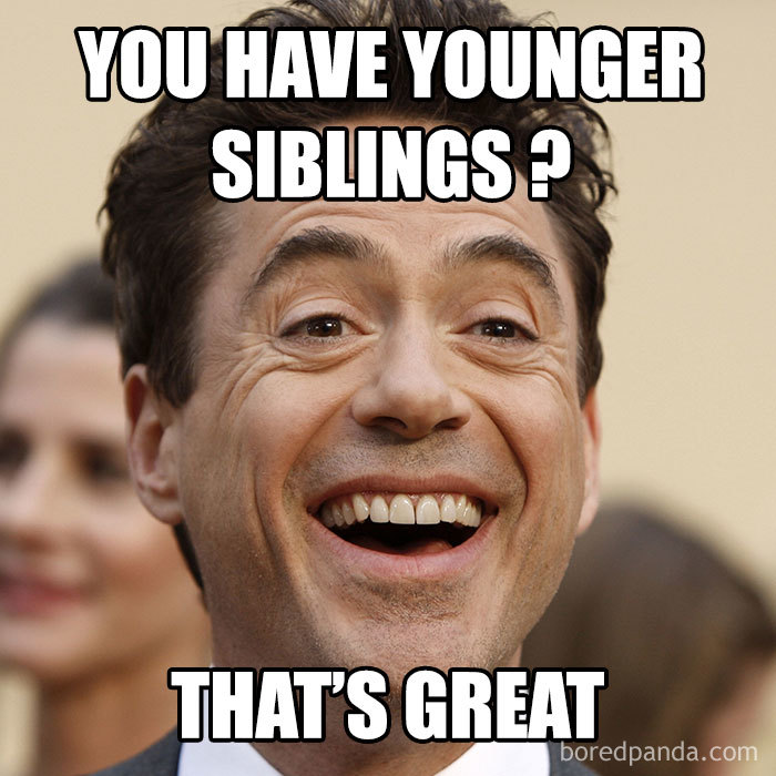 Laughing man with text "You have younger siblings? That's great." capturing the hardship of educators in a humorous meme.