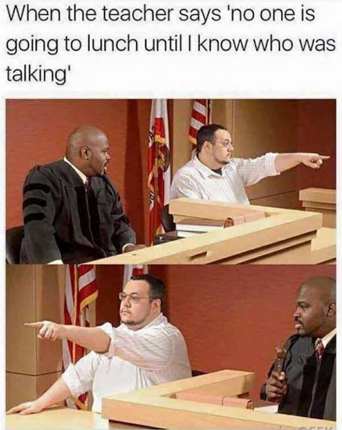 Courtroom scene humorously depicting teacher meme about educators' challenges.