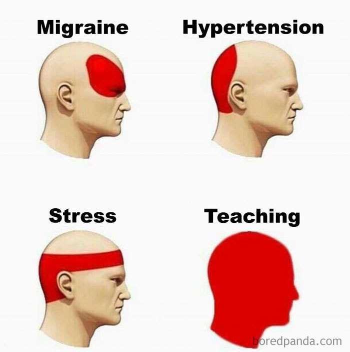 Diagram showing headache areas: migraine, hypertension, stress, and teaching, highlighting the hardship of educators.