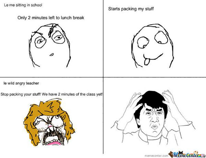 Teacher meme illustrating the last minutes of class, with a surprised student and furious teacher reaction.