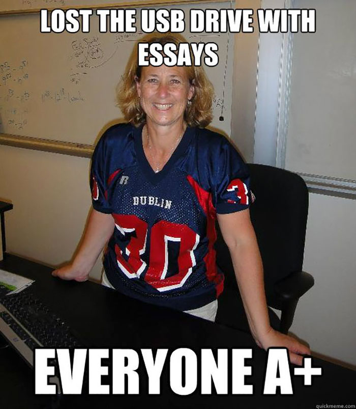 Teacher meme with woman in a sports jersey humorously addressing lost USB drive with essays.