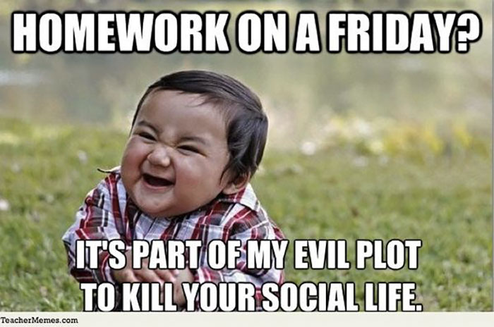Laughing baby meme humorously depicting teacher's Friday homework strategy.