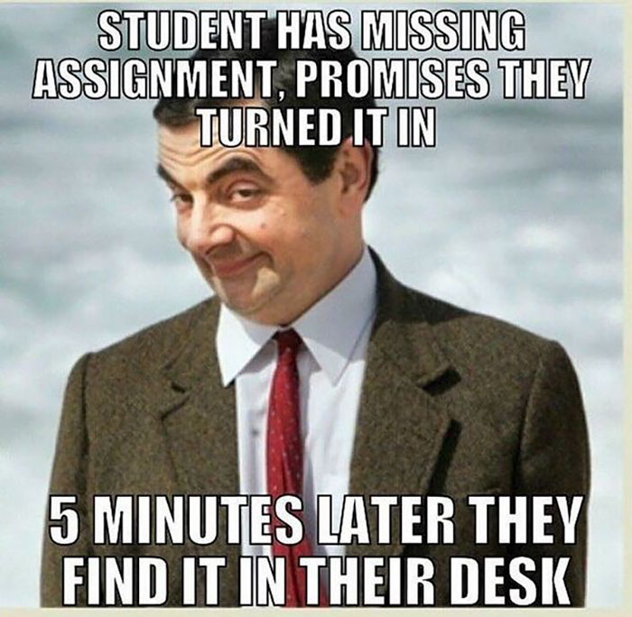 Mr. Bean smirking meme about a student's missing assignment, capturing teachers' hardships.