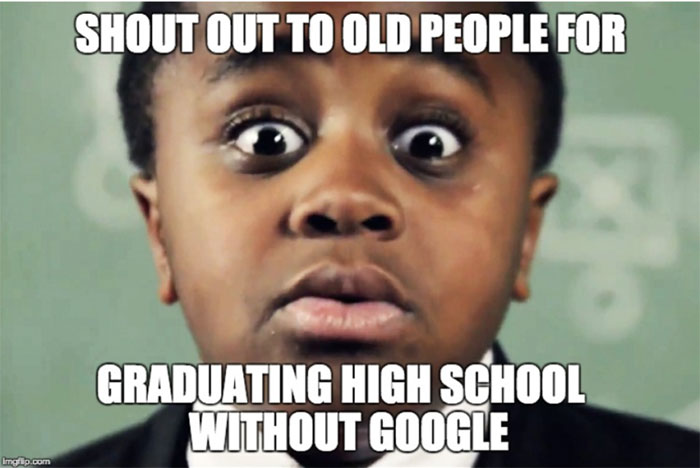 Student with wide eyes, surprised expression; text about graduating high school without Google, capturing educators' hardships.
