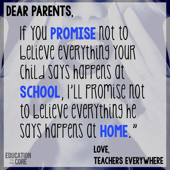 Text meme highlighting educator hardships, with playful message between teachers and parents about school and home truths.