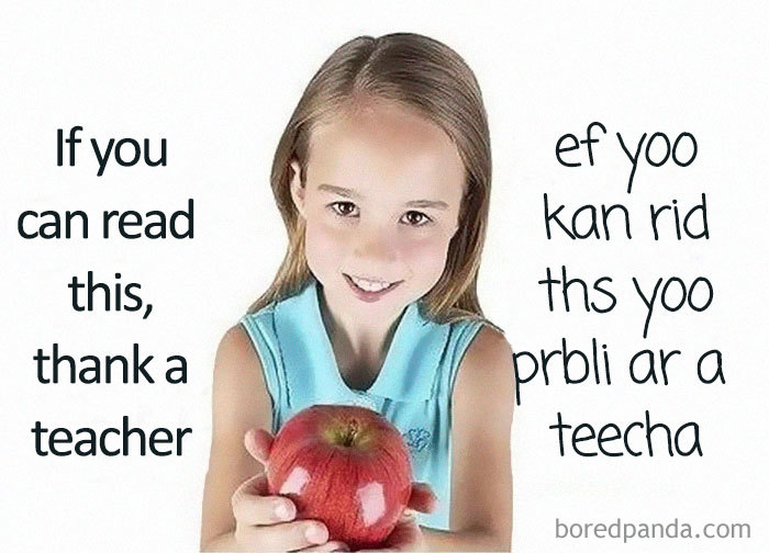 Girl holding an apple with humorous text highlighting teacher hardships.
