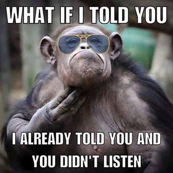 A chimpanzee wearing glasses, mimicking teacher frustration with a humorous caption.