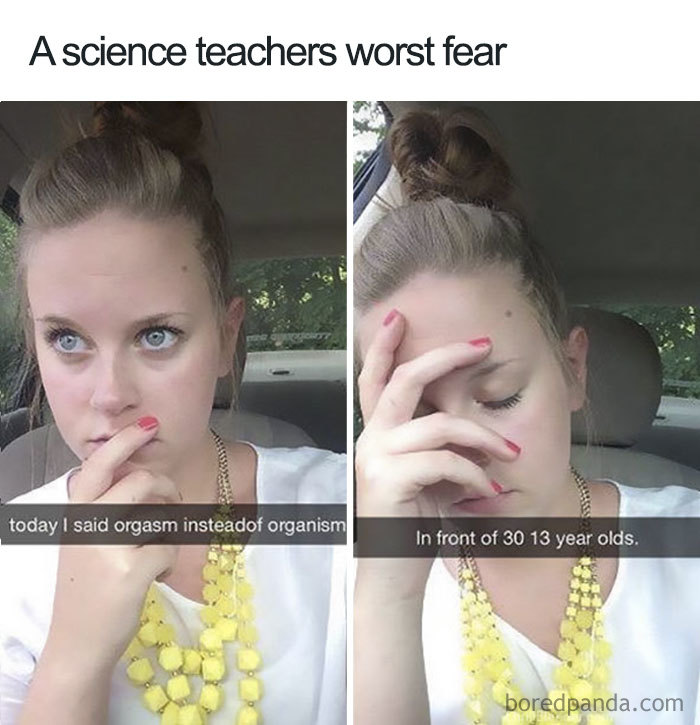 Teacher meme showing science teacher's embarrassing mistake in class.