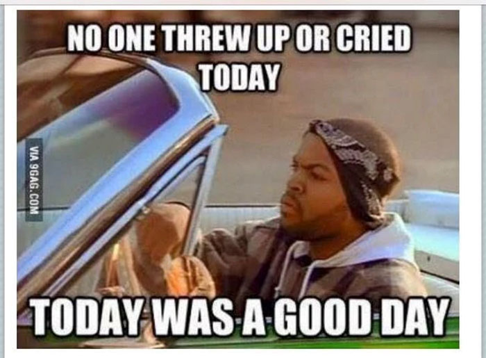 Teacher meme showing relief with text: "No one threw up or cried today. Today was a good day."